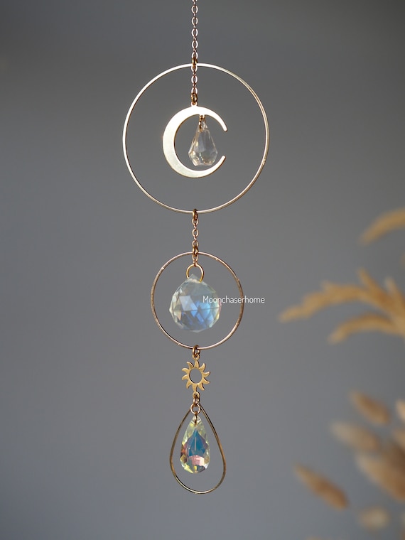 Gold Plated Sun&Moon Suncatcher, Rainbow Prism Car Decor Anna