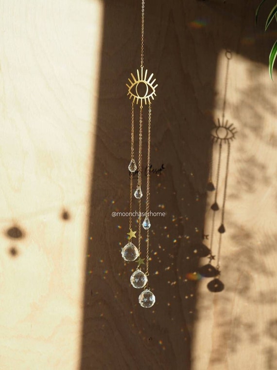 Crystal Sun Catcher – Rainbow Prism with Eye Pendant, Boho Light Diffuser