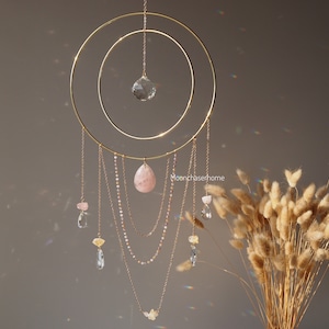 Big Gold Circle Suncatcher | Hanging crystal Chain with Citrine & Rose Quartz Crystals – 19cm/7.4&quot; - Nova