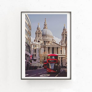 London Street Photography, St Paul&#39;s Cathedral Art Poster, Downloadable Print, London Red Bus Wall Art, Digital Download, England Lover Gift