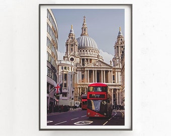 London Street Photography, St Paul&#39;s Cathedral Art Poster, Downloadable Print, London Red Bus Wall Art, Digital Download, England Lover Gift