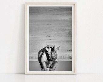 Black and White Rhino Photography Print, Safari Animal Art (Digital Download)
