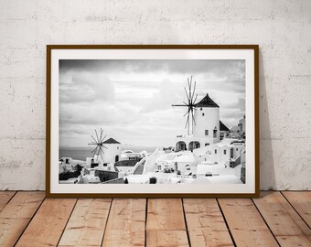 Santorini Printable, Instant Download, Windmill Wall Art, Fine Art Photography, Santorini Gift, Black and White Santorini, Greece Landscape