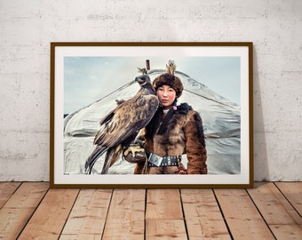 Eagle Hunter Printable, Eagle Huntress Poster, Mongolia Photography, Golden Eagle Wall Art, Bird Of Pray Art, Digital Download,Girl Portrait