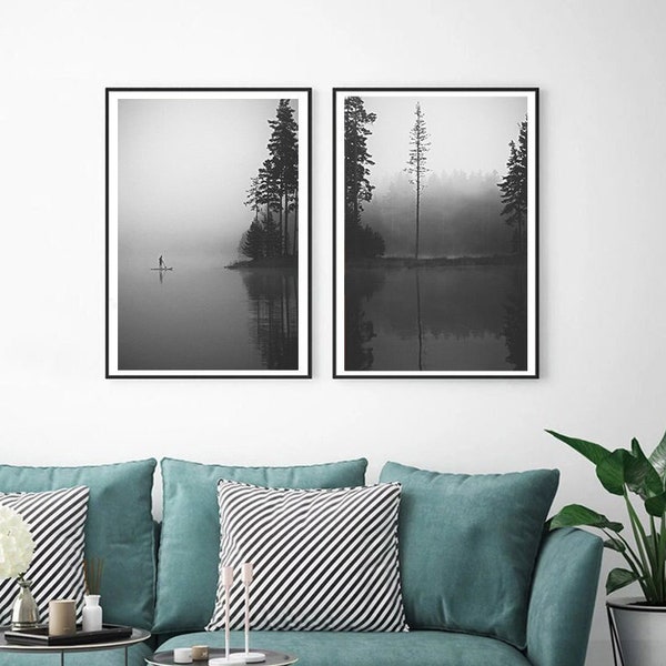 Surfboard Photography, Foggy Coastal Landscape, Mountain Lake Print, Set Of 2 Wall Decor, Instant Download, Black and White, Tree Wall Art