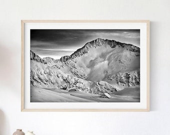 Winter Mountain Printable, Black and White Rocky Landscape, Fine Art Photography, Instant Download, Snow Mountain Wall Decor, Mountaineering