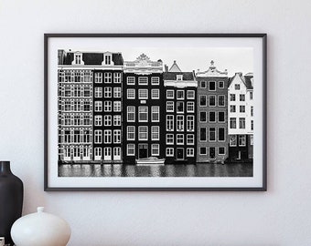 Stampa delle case sui canali di Amsterdam, fotografia di architettura olandese (download digitale)