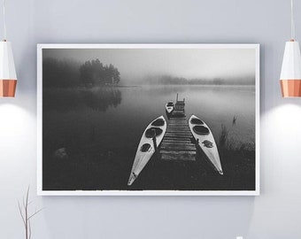 Foggy Lake Canoe Print, Black and White Landscape (Digital Download)