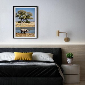May include: A black and white framed photograph of a rhinoceros walking towards a body of water in a dry, grassy landscape. A tree with green leaves is in the background.