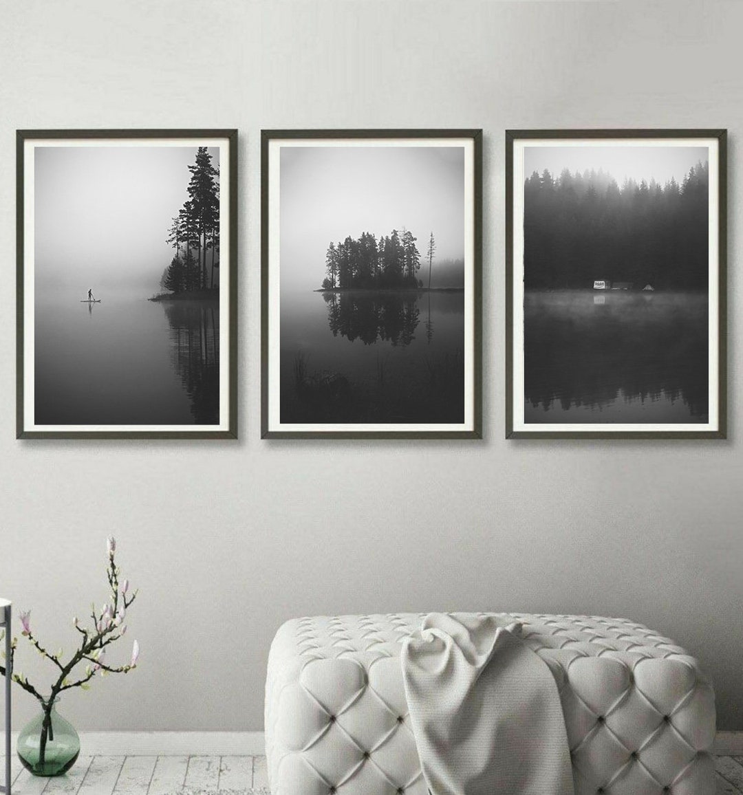 Printable Camp Decor, Foggy Coastal Wall Decor, Black and White Set of ...