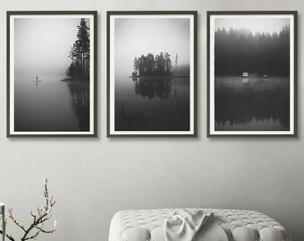 Decoração de acampamento para impressão, decoração de parede costeira com neblina, conjunto de 3 impressões em preto e branco, download digital, paisagem de lago e montanha, pôster de prancha de surfe