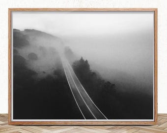 Foggy Mountain Road Print: Black and White Minimalist Photography (Digital Download)