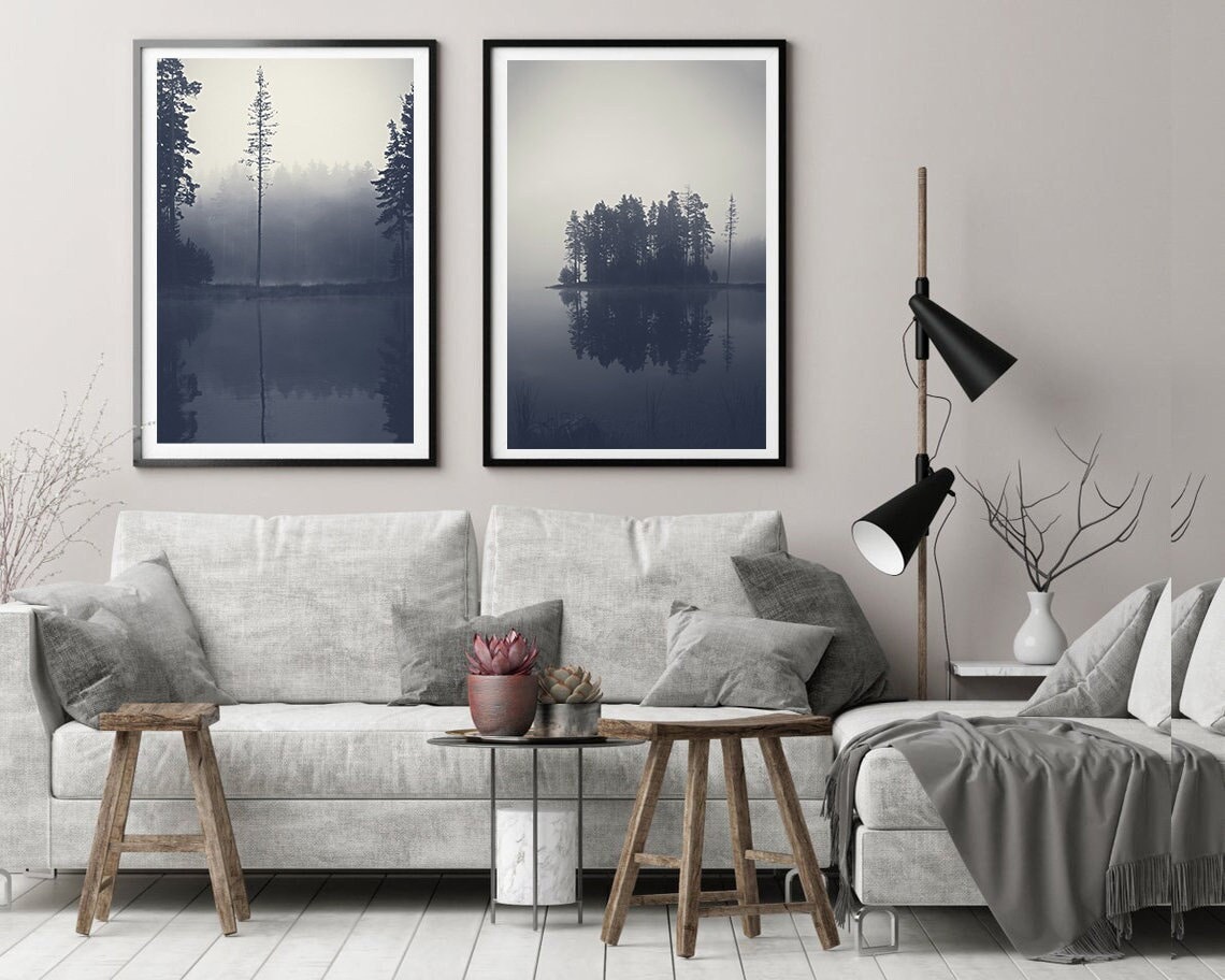 Imprimível de Floresta Nebulosa, Arte de Parede Costeira, Impressão de Lago de Montanha, Conjunto de 2 Fotografias Artísticas, Download Instantâneo, Pôsteres Azuis, Paisagem de Belas Artes