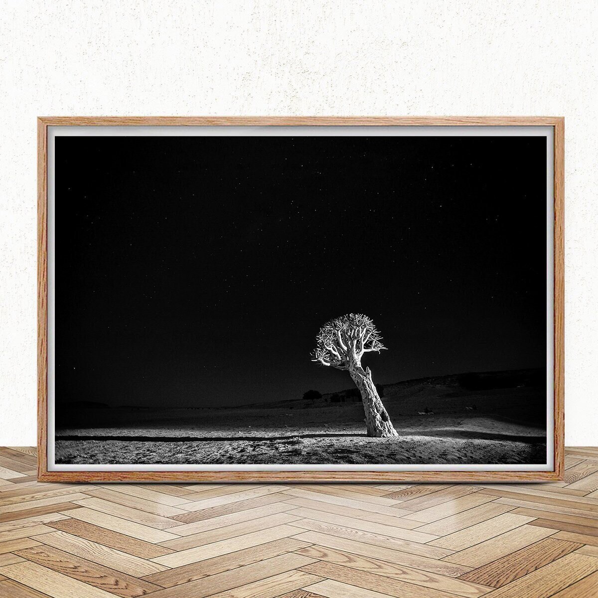 Black and White Desert Printable, Tree in Desert Wall Decor, Night