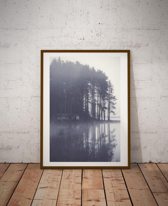 Foggy Lake Landscape Print, Minimalist Coastal Art (digital