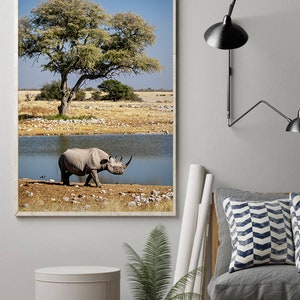 May include: A black rhinoceros walks towards a watering hole in a dry, grassy savanna. A large tree with green leaves stands in the background. The sky is blue and clear.