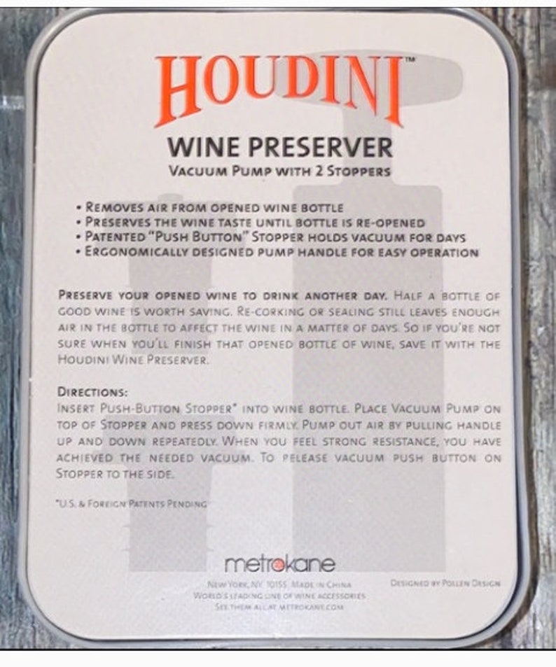 Houdini Wine Preserver Vacuum Pump With 2 Stoppers Etsy