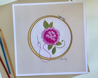 Pink Flower Embroidery Hoop Art Print, Sewing Wall Decor (10x10)