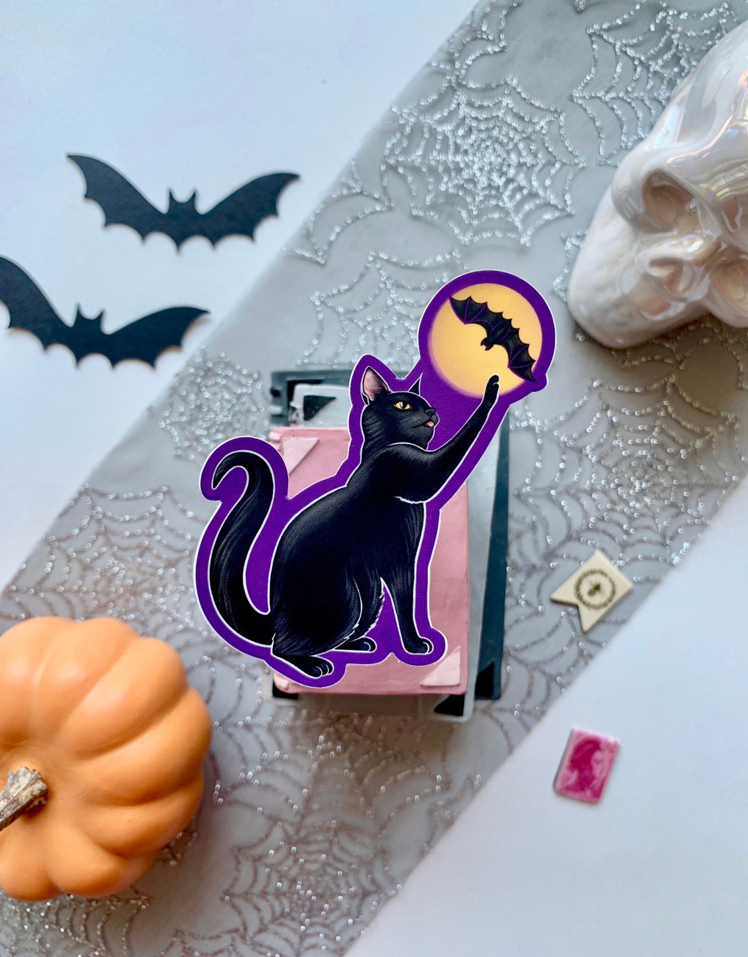 Black Cat & Bat Sticker, Halloween Full Moon, Waterproof Vinyl - Etsy