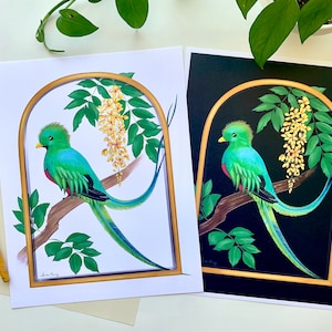 Green Resplendent Quetzal on a branch 11&quot;x14&quot; Print, Yellow cascading flowers, Textured Matte Paper, Mesoamerican Art, blue and green bird