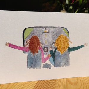 May include: Watercolor painting of two people in a car with their arms out the windows. The car is driving down a road with music notes in the air. The people have brown and blonde hair.