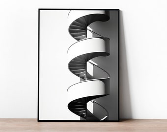 Architecture minimalistic stair : Black & White Spiral Staircase - Modern Art Print