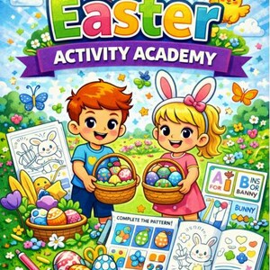 Può includere: Illustrazione colorata per i primi studenti con il testo "Easter Activity Academy". Due bambini con cesti di uova di Pasqua in un campo. L'immagine include pagine da colorare, un pulcino e "Popcorn & Pencils".
