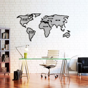 Metal World Map Art, Large Metal Wall Art, Continents World Map Decor, New Office Gift, Home Livingroom Decoration, Banded World Map
