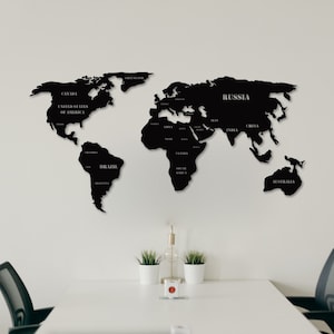 Decorazione da parete con mappa del mondo in metallo nero, set di grandi dimensioni per l'arte murale, arte murale moderna nera, regalo per la nuova casa, decorazione artistica da parete unica