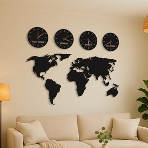 Mapa del mundo de metal y relojes de pared, juego de mapa del mundo de metal, decoración de pared para oficina, regalo para él, decoración de oficina, juego de decoración de pared, regalo para oficina