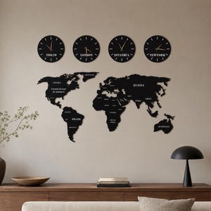 Mapa Mundial Metálico Personalizado Decoración de Pared con 4 Relojes Acero Negro