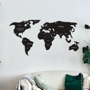 Black Metal World Map Wall Art, Large Steel Wall Decor for Home and Office