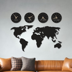 Mapa Mundial Metálico con Relojes – Decoración Personalizada de Zonas Horarias