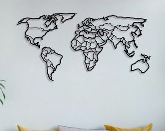 Metal World Map Wall Art, Modern Wall Art Set, Unique Wall Decoration, Large World Map, Metal Housewarming Gift