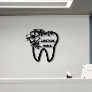 Personalized Dentist Office Metal Wall Art: Tooth Shape, Floral Accents