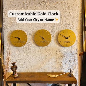 Gold Custom Time Zone Wall Clock, Personalized Gift, Living Room Clock, New Home Gift, Clocks for Wall Unique, World Clock, Office Gift