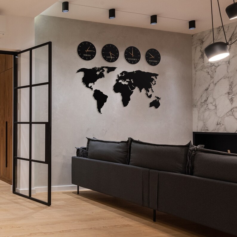 Metal World Map and Clocks Wall Art World Map Metal Set Etsy