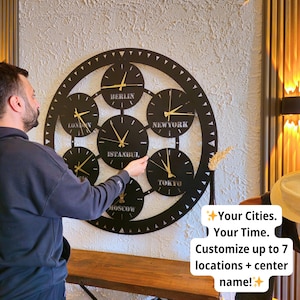 Oversized Custom Time Zone Wall Clock – 3D Steel Modern Design, 7 City Times