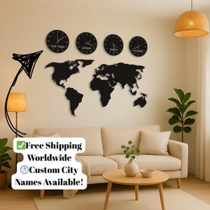 Metal World Map and Clocks Wall Art, World Map Metal Set Office Wall Decor, Office Decor, Personalized Office Decor, Travel Gift for Him