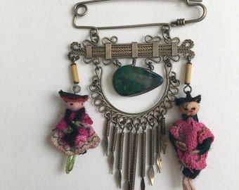 Very rare old handmade wedding couple miniature dolls dangle brooch Asia