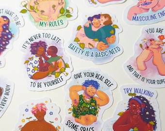 May include: A collection of colorful stickers with various messages and illustrations. The stickers feature phrases like "Let them bloom", "My body, my rules", "Safety is a basic need", "Give your real self some space", and "Trans is beautiful".