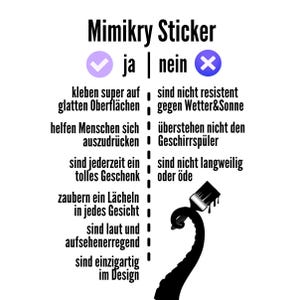 May include: A black and white graphic with the text "Mimikry Sticker" and a list of pros and cons of using stickers. The pros are marked with a checkmark and the cons are marked with an X. The graphic also includes a black paintbrush with dripping paint.