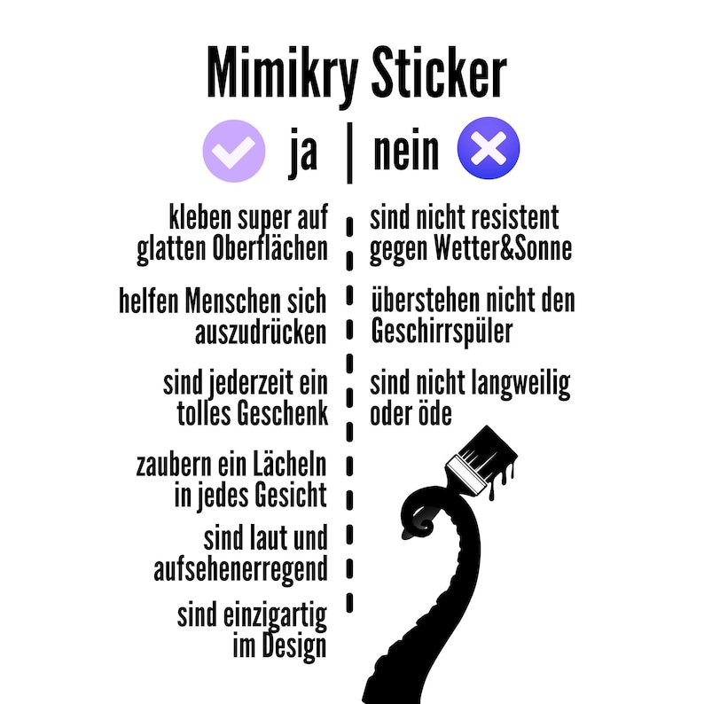 Op de afbeelding: Een zwart-witte afbeelding met de tekst "Mimikry Sticker" en een lijst met voor- en nadelen van het gebruik van stickers. De voordelen zijn gemarkeerd met een vinkje en de nadelen met een X. De afbeelding bevat ook een zwart penseel met druppelende verf.