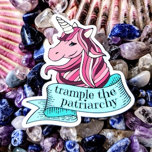 Può includere: Un adesivo con un unicorno rosa e uno striscione blu che dice "trample the patriarchy". L'adesivo è su uno sfondo di pietre colorate.