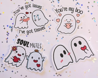 May include: Four ghost-themed stickers with cute illustrations and text. The stickers say "You've got issues I've got tissues", "You're my boo", "Soulmates", and two ghosts with hearts.