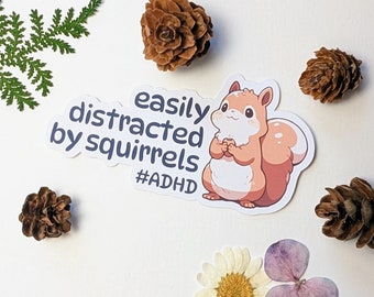 Pode incluir: Um adesivo com um esquilo de desenho animado e o texto "easily distracted by squirrels #ADHD".