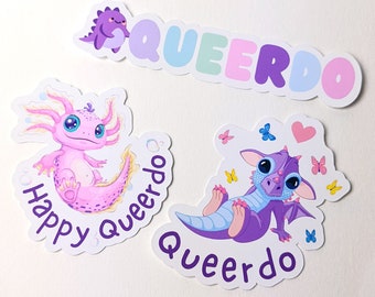 May include: Three stickers with cute cartoon animals and the word "Queerdo" in rainbow colors. The first sticker features a pink axolotl with the text "Happy Queerdo". The second sticker features a purple dragon with the text "Queerdo". The third sticker features the word "Queerdo" in rainbow colors.