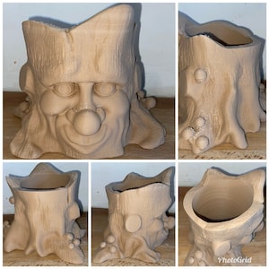 Puede incluir: Conjunto de cuatro macetas de cerámica marrón con forma de tocón de árbol. Cada maceta tiene una cara única y presenta un pequeño agujero en la parte superior para el drenaje.