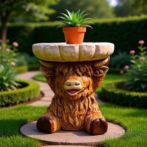 Könnte beinhalten: Ein skurriler Gartenpflanzenständer in Form einer Highland-Kuh. Der braune Ständer hat ein strukturiertes, zotteliges Design und trägt eine runde, cremefarbene Oberfläche. Ein Topf mit einer grünen Pflanze steht darauf.