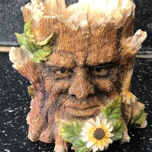 May include: A brown, tree-like planter with a face and flowers. The planter is made of resin and has a rustic look. It is perfect for adding a touch of nature to your home.